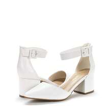 Wide Fit Women's Ankle Strap Low Heel Pumps Solid Color Elegant Formal Wedding Shoes - trắng - Xem 7