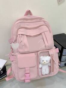 New Cute Kawaii Simple Solid Color Backpack, Multi-Pocket Multi-Function With Bear Pendant, Suitable For Back To School Season, Nylon Material Double Zipper Lightweight Large Capacity Foldable Bag, Including Backpack And Waist Bag, Very Suitable For Teenagers To Go To School, Daily Travel, Shopping, Travel And Vacation, Etc. - Ruby 8016+ Love Pendant - View 9