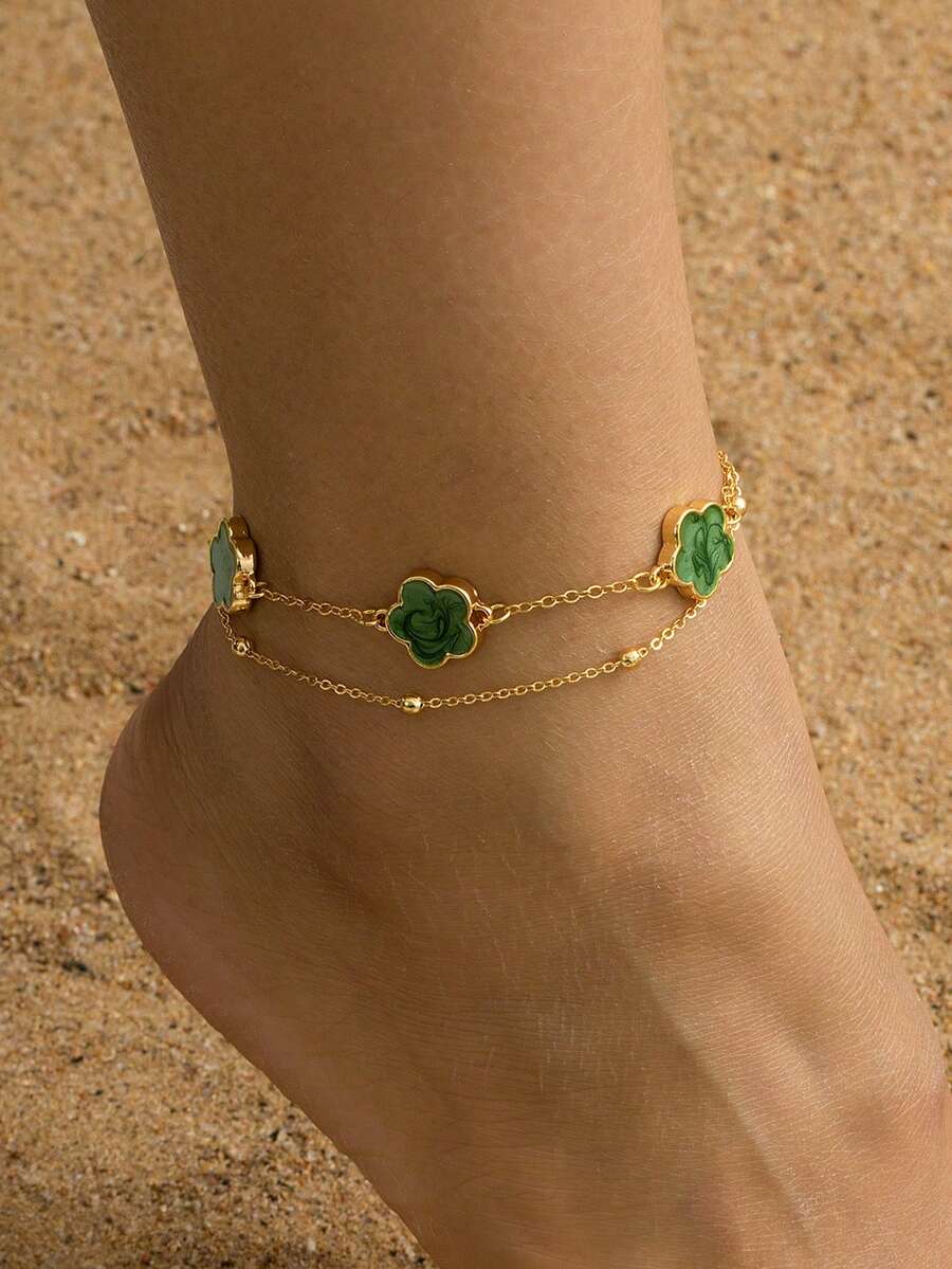 1pc Summer Beach Style Fashion Sweet Clover Pendant Anklet, 2-Layer Design, Random Bead Quantity On 2nd Layer, Gift For Women - Green - View 1