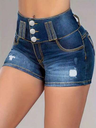 Damen Zerrissene Taschen V-Taille Gewaschen Denim Shorts, Sexy Street-Style, Slim-Fit, Hüftanhebend, Mini Denim Shorts, Stilvolle Lockige Denim Shorts, Mit Taschen