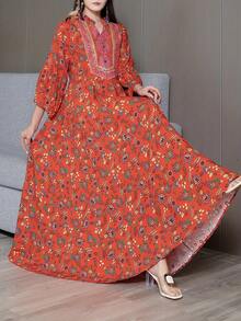 花卉印花刺绣设计中东阿拉伯风格连衣裙，艺术感十足，复古风情，适合度假旅行和春季正式场合穿着。 - 亮橙色 - 查看 3