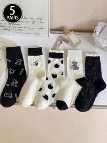 5 Pares (Cores/Padrões Aleatórios) Meias de Bezerro para Mulheres no Estilo Countryside com Desenho de Gato, Coelho Azul e Flor, Fofas e Confortáveis, Novos Estilos