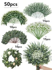 50pcs Artificial Eucalyptus Leaves Stems, Fake Greenery Plants For Wedding Bouquet Wreath Vase Floral Arrangement, Home Decor Bedroom Decoration Garden Decoration