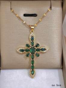 1 peça colar elegante de zircônia verde com cruz, colar de oração, joias femininas para presente
