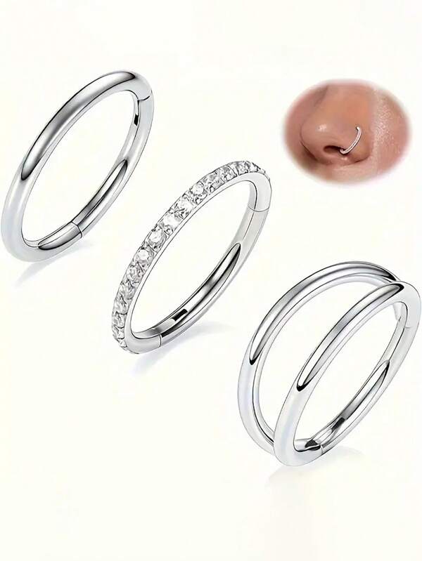3pcs Nose Ring Earrings - 316 Surgical Steel Double Hoop Nose Ring 18G Hinged CZ Screw Piercing Jewelry 9 Ball Screw Lip Ring Cartilage Earring Spiral Hooks Tragus