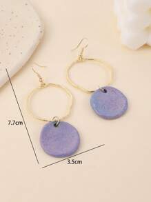 1 Pair Unique Chinese Style Ceramic Round Pendant With Extra Large Metal Circle High-Quality Hoop Earrings, Suitable For Vacation, Party And Daily Wear