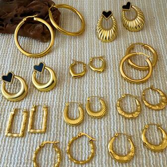 10 seturi de cercei personalizați din oțel inoxidabil, galben auriu/rotunzi/în formă de inimă, pentru femei și fete, seturi de accesorii pentru urechi antialergice