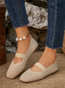 Women's Woven Mary Jane Flat Shoes, Square Toe Mesh Breathable Shoes, Comfortable Elegant Flat Knitted Casual Shoes, School Shoes - Beige - View 7