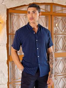 Men's Short Sleeve Shirt With Priest Collar Comfort And Elegance For Work And Everyday Life - Blue and White - View 4
