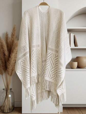 1PC Women Hollowed Out Poncho, Design Thin Shawl, Bohemian Style Cardigan, Suitable For Travel And Office Air-Conditioned Rooms, Warm Knitted Cape Blanket For Dress