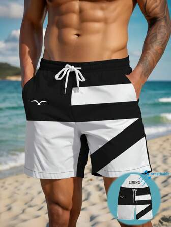 Herr sommartryckt mönster dragsko midja snedställd ficka hawaiianska snabbtorkande dubbla lager nätfoder, mås kontrastfärg 3D-tryck, moderiktiga casual strandsemester bermudashorts, badbyxor