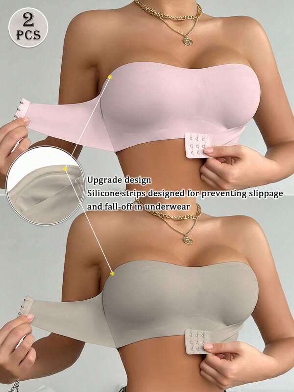 2pcs Front Fastening Solid Color V-Neck Strapless Upgraded Non-Slip Comfortable Padded Bras For Women, Wireless Bra