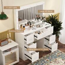 White Dressing Table 11 LED Lighted Mirror, 3 Color Modes Adjustable Brightness Mirror Dressing Makeup Table,Vanity Set 7 Drawers Dresser 39.4 X 15.7 X 55.2 Inch