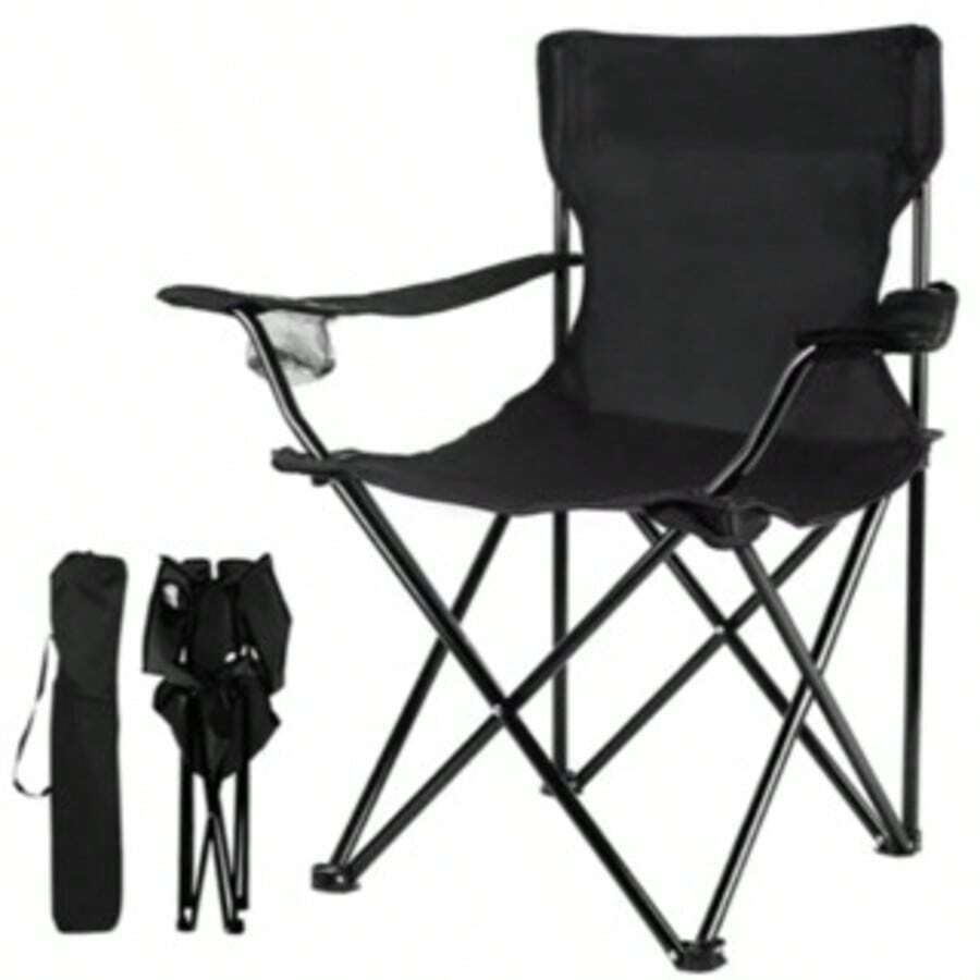 Portable Folding Camping Chair With Cup Holder And Carrying Bag For Fishing Camping Beach - màu đen - Xem 1