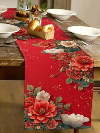 1pc Red Floral Pattern Table Runner,Chinese Style,Linen-Like Fabric,1 Table Runner, 4 Placemats, 1 Cushion Cover, 3 Products Selectable, Home Decor, Indoor & Outdoor Party, Theme Decor, Room Decoration. Suitable For Home Kitchen Decor And Event Party Decoration