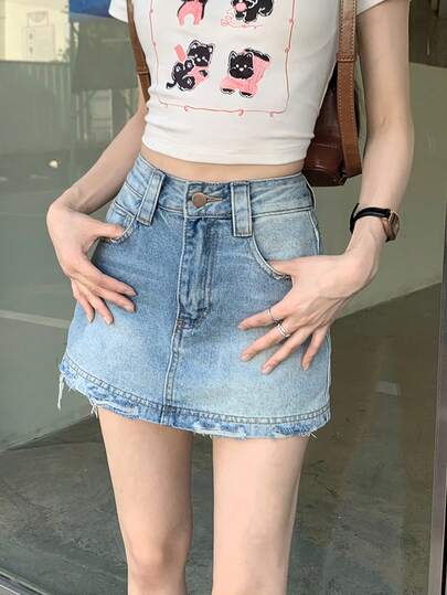 Summer Casual Washed Distressed A-Line Denim Shorts Skirt