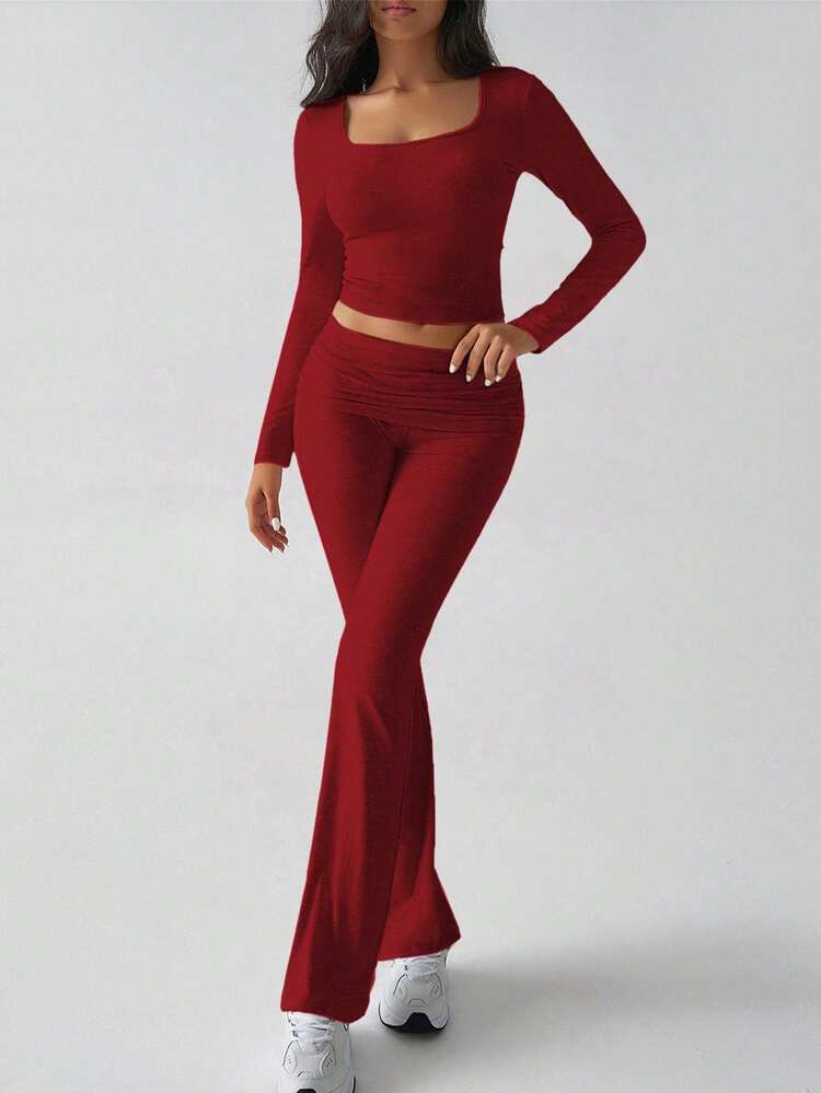 Women's Two Pieces Fall Clothes Y2K Slim Sexy Solid Color Square Collar Long Sleeve Top Pant Suit