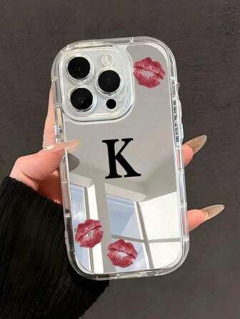 1 件简约红唇字母图案穿孔透明玻璃手机壳适用于 11/12/13/14/15/16 Pro Max 防水防震防摔防刮