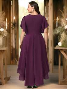 Plus Size Wedding Guest Grape Chiffon Flutter Sleeve Tunic Maxi Dress