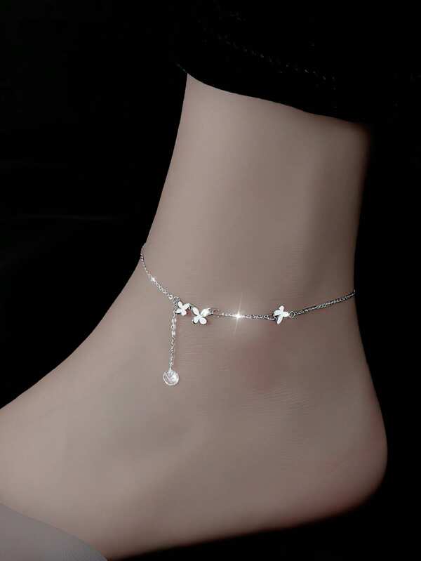 1pc S925 Sterling Silver Cubic Zirconia Butterfly Tassel Anklet, Luxury New Design Butterfly Ankle Chain For Women