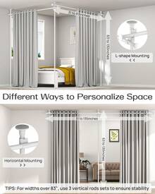 Partition Room Divider Curtain Rod, Adjustable Wall Divider For Room Separation, No Drill, Three Mounting Options Ideal For Creating Privacy Space, 63 To 130inch(H) & 31 To 135inch(W),White - White - View 7