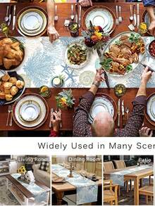 1pc Blue & White Coral Print Table Runner, Vacation Style Ocean Theme Coarse Linen Rectangular Tablecloth, Indoor Outdoor Decor Table Runner, Suitable For All Seasons, Daily Use, Weddings, Holidays, Restaurants, Living Rooms, Dining Tables - Blue and White - View 8