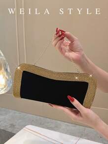 Luxury Black Rhinestone Embellished Velvet Clutch Bag, Gold Diamond Trim Evening Bag For Wedding Party Prom Formal Gown Envelope Clutch Purse, High-End Fashion Small Shoulder Handbag