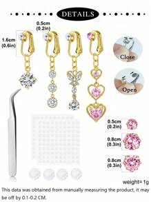 Piercing de ombligo falso estilo Y2K para pegar, joyas de piercing de ombligo falso con corazones de CZ de acero inoxidable en color rosa, plata y oro, aretes falsos con corazones rosa, joyas de piercing de ombligo falso para pegar sin perforación