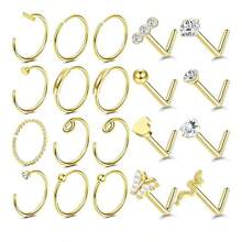 20pcs 20g Nose Hoops Rings - L And C Shape Studs - 316L Surgical Stainless Steel Nose Piercing Jewelry - Golden & Black For Women Men