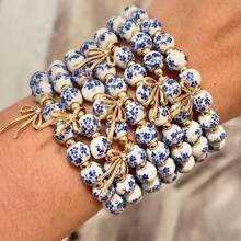 1 Pc Beads Bow Charm Bracelet For Women Flower Vintage Bracelet Handmade Stretch Gold Beaded Dainty Romantic Jewelry Gift