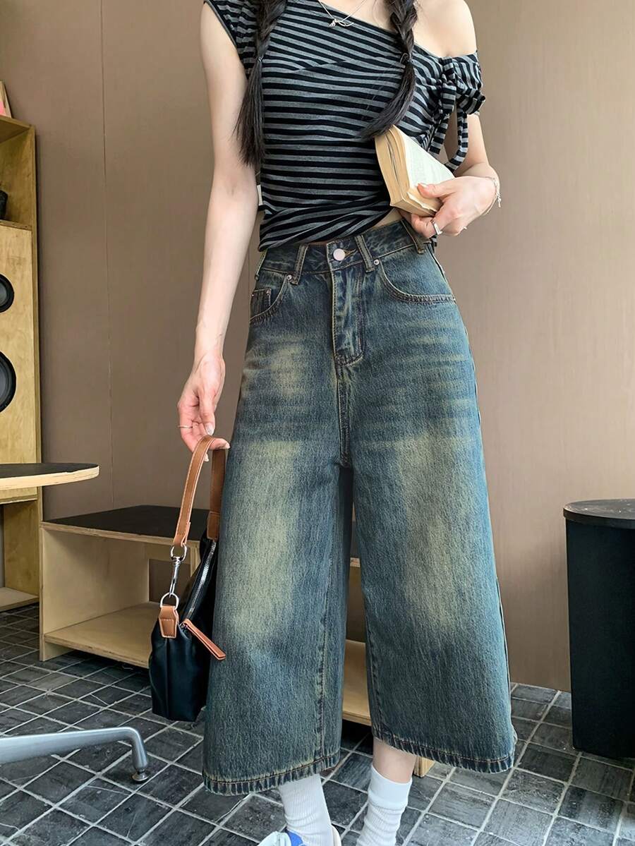 Quần jeans ống rộng 3/4 kiểu Mỹ, quần ống đứng dáng suông thoải mái, phong cách retro, dành cho nữ. - Màu xanh lam - Xem 1
