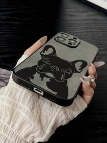 Funda protectora para teléfono de 1 pieza, diseño de patrón de bulldog, anti-huellas, amortiguador de golpes, gris suave compatible con iPhone11/12/13/14/15/16/16e/Xs/Xr/8p/7p/7/8, Galaxy/Redmi/OPPO/Vivo/Infinix