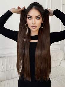 18 英寸长直发接发 4 个安全夹 V 型接发夹浅棕色接发，耐热纤维合成假发，适合日常派对