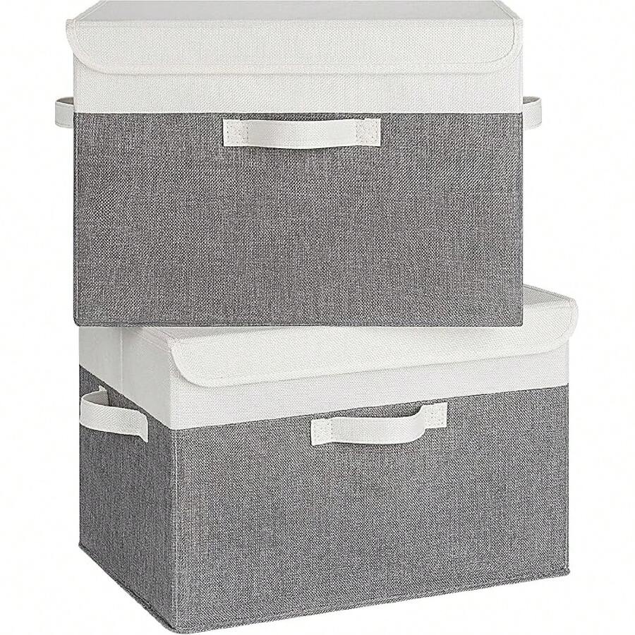 Cajas de almacenamiento de tela, caja para recuerdos, grandes contenedores de almacenamiento con tapas, organizadores de armario, cestas de almacenamiento para estanterías - Blanco/gris - Ver 1