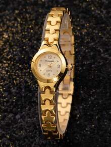 Round Dial Quartz Watch Gold Bracelet Wristwatch For Women, Small Dial Quartz Watch, Cheap Watch, Birthday Gift For Girlfriend, Jewelry Wristwatch, Suitable For Girls, Ladies, Students - 金色 - 查看 1