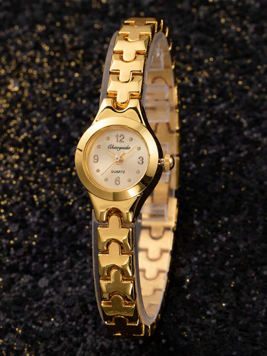 Round Dial Quartz Watch Gold Bracelet Wristwatch For Women, Small Dial Quartz Watch, Cheap Watch, Birthday Gift For Girlfriend, Jewelry Wristwatch, Suitable For Girls, Ladies, Students - 金色 - 查看 1