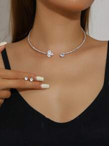 3pcs Set Metal Collar Necklace With Rhinestones Elegant And High-End Necklace And Earrings Set For Women