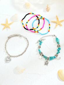 3pcs/5pcs Multi-Color Fashion Bohemian Faux Pearl, Natural Shell, Starfish, Seashell, Butterfly Pendant Beaded Necklace & Bracelet Set, Suitable For Valentine's Day, Best Friends, Family, Beach, Party, Gift, Daily Wear For Women
