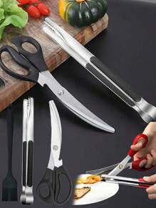 Kitchen Shears, Barbecue Shears And Tongs Set, Stainless Steel Multi-Functional Non-Slip Serrated Sharp Meat, Chicken, Vegetable Cutting Kitchen Shears, Barbecue Tongs