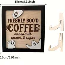 1 pieza Letrero de Halloween "Freshly Boo'd Coffee" en 3D, decoración linda para barra de café de Halloween, decoración de madera para cocina, accesorios rústicos para el hogar, ornamento de sobremesa interior