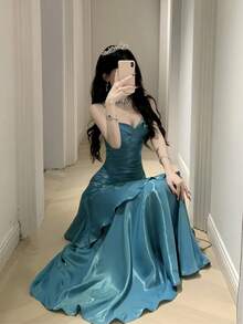 优雅珍珠荷叶边下摆正式晚礼服，修身伴娘礼服，返校季、鸡尾酒会、秋季音乐节女士礼服，夏季婚礼装扮 - 藍色 - 查看 6