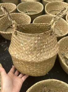 1 pieza Cesta grande de planta tejida a mano con borlas blancas, cesta de almacenamiento de paja natural de mar plegable, versátil, maceta de flores y plantas, macetero de jardín, contenedor de plantas de paja trenzada, decoración de mesa, ventana y piso para interiores y exteriores del hogar