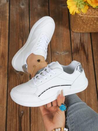 Plus Size Women's Minimalist Sport Shoes, Leather Upper With Front Lace-Up Closure, Suitable For Outdoor Sports And Casual Wear, Anti-Slip