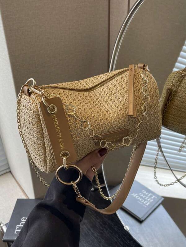 New Spring And Summer Contrast Striped Woven Straw Shoulder Bag, Fashionable Letter Patch Decorated Women's Shoulder Bag With Chain, Casual Vacation Straw Messenger Bag Color Blocked Woven Chain Bag, Large Capacity Square Bag
