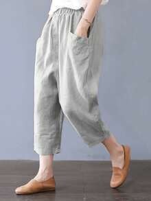 Women's Plain Color Casual 7/8 Length Capri Pants With Large Pockets - Xám - Xem 3