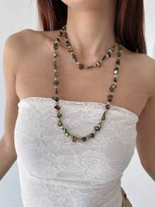 1pc Vintage Versatile Elegant Handmade Natural Shell & Crystal Beaded Long Sweater Chain Necklace