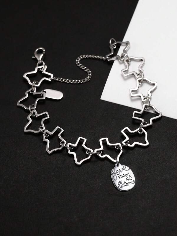 925 Sterling Silver Bracelet In Texas Shape, With The Charm Of "Love Without Distance", Irregular Shaped Bracelet