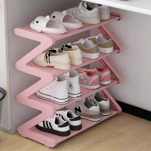 1pc 4-Tier Z-Shaped Shoe Rack, Plastic Freestanding Storage Shelf, Multifunctional Large-Capacity Storage Rack,Easy Assembly Floor Mounted Organizer For Living Room, No-Tool Installation, Stackable Home & Dorm Room Essential,Save Space, Home Organization Shoes And Boots Storage Sundries, Suitable For Corridors, Closets, Living Rooms, Bedrooms