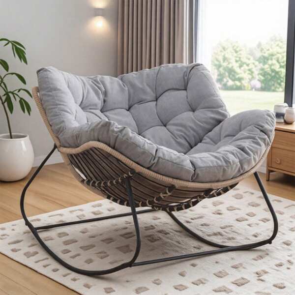 Virplik Patio Rocking Chair With Padded Cushion Indoor Outdoor Comfy Papasan Rocker Chair With Upgraded Steel Frame Rattan Egg-Shaped Lounge Chair For Front Porch, Garden, Bedroom