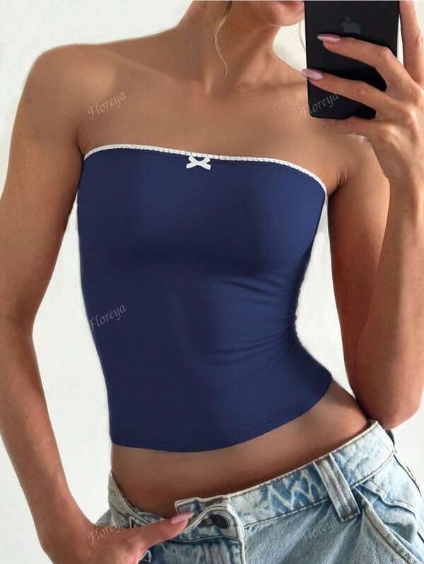 Floreya Sexy American Style Off Shoulder Floral Splice Bow Tight Fitting Slim Bandeau Top In Blue
